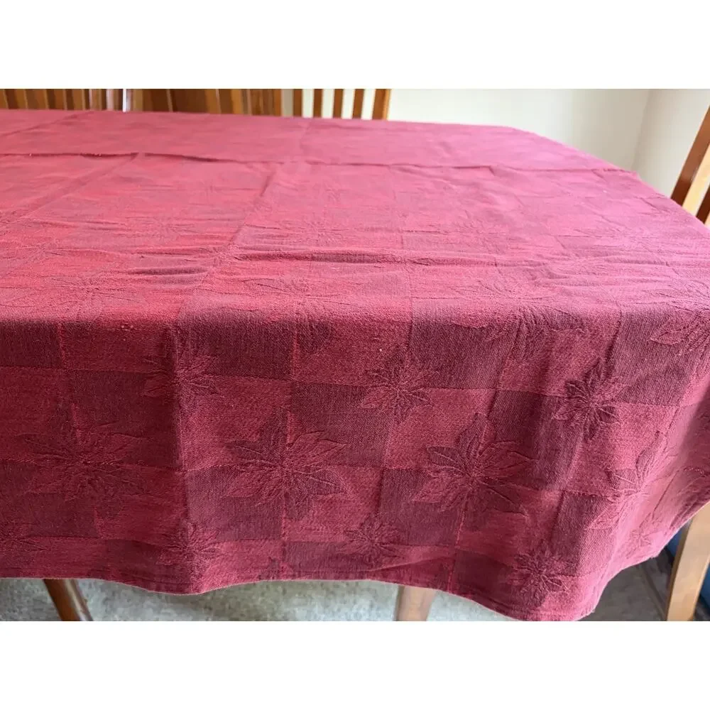 Damask Tablecloth Christmas Woven Red Poinsettia Shimmer Accents 76x56 India